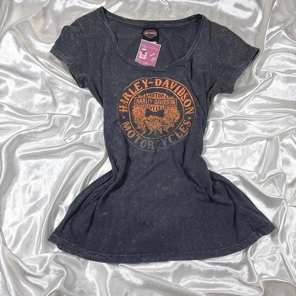y2k Harley Davidson T-Shirt Charcoal Good Acid Wash Graphic Scoop Neck Rose L